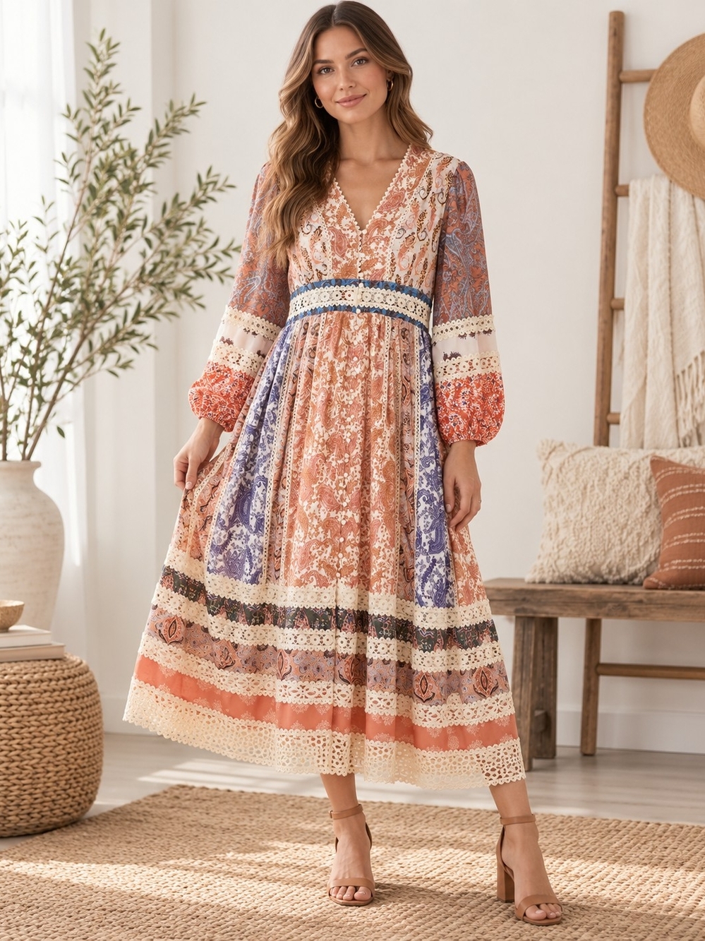 Beulah Style NWT Oh So Bold Patchwork Paisley Lace Midi Dress M $198